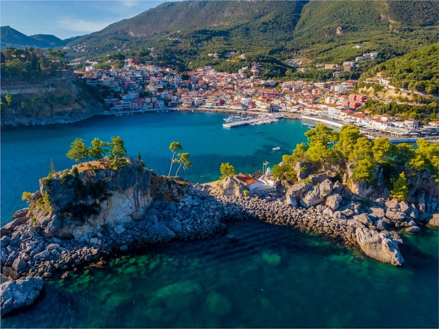 Stunning aerial view of Parga town, Greece, showcasing vibrant coastline and picturesque landscape